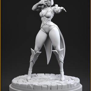 May include: A grey resin miniature figure of a character with short hair, wearing a fitted bodysuit, armoured gauntlets, and knee-high boots. The figure stands in a dynamic pose on a circular stone-textured base. Text includes C27 STUDIO and 40MM + 75MM.