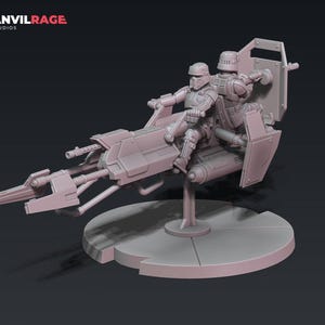 May include: A light grey model of a speeder bike with two figures in helmets. The vehicle has a streamlined design with a central engine, side shields, and mounted weapons. The base is a circular platform.