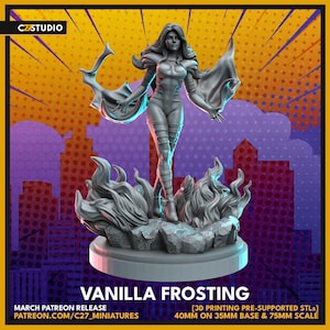 May include: A grey 3D printed miniature figure of a standing character with long hair, wearing a fitted suit and cape, positioned on a rocky base surrounded by flames. The base is 35mm and the scale is 75mm. Text reads VANILLA FROSTING.