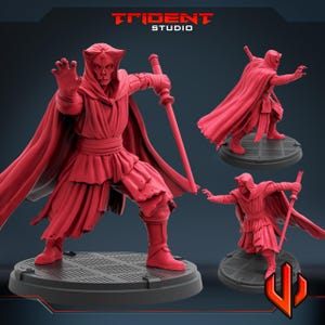 May include: Red figurine of a hooded warrior with a sword, in a dynamic pose. The figure stands on a circular base. The Trident Studio logo is visible in the top left corner.