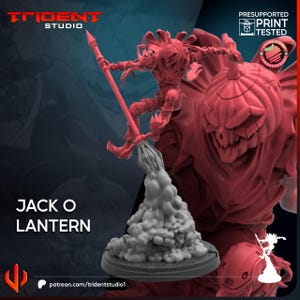 May include: A red 3D-printed Jack O' Lantern figure with a spear, atop a cloud-like base. The figure is detailed with a menacing expression and is part of a Halloween-themed collection. The Trident Studio logo and "Print Tested" text are visible.