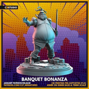 May include: A grey 3D printed miniature figure of a bearded character with a large belly, wearing a tunic and trousers, holding a sword in one hand and reaching out with the other. The figure stands on a circular base with 40mm and 50mm options.