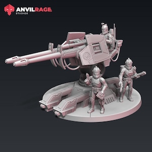 May include: A light grey model of a large artillery cannon with two barrels, a rotating turret, and three figures in armour. The figures are standing on a circular base. The text "ANVILRAGE STUDIOS" is in the upper left corner.