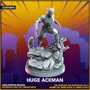 May include: A grey 3D printed miniature figure of a character with pointed ears and extended claws, standing on a rocky debris base. The base is labelled with the text HUGE ACKMAN and includes 40mm on 35mm base and 75mm scale text.