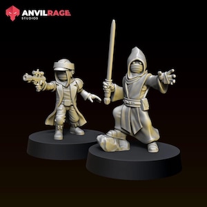 May include: Two unpainted grey resin miniature figures on black circular bases. One figure wears a cap and long coat, holding a blaster pistol. The other figure wears a hooded robe, holding a lightsaber-style weapon with one hand outstretched.
