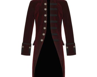 MixMies Gothic Men's Burgundy Velvet Frock Coat Steampunk Military Velvet Goth Jacket