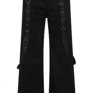 Herren Gothic Schwarz Hose mit weitem Bein, D-Ringen und Riemen Hose