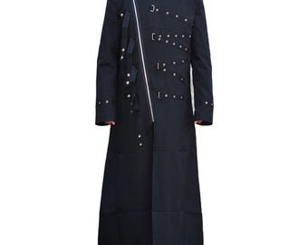 MixMies Gothic Men's Black Industrial Goth Trench Coat Military Grommet Buckle Duster Costume