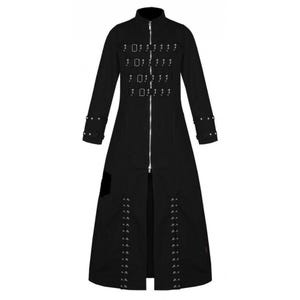 May include: A long, black coat with a high collar and a full-length zipper. The coat features multiple metal buckles and rivets down the front and on the sleeves. The coat has a split front design.