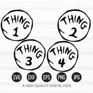 Pode incluir: Quatro recortes circulares em preto e branco com a palavra "THING" e um número de 1 a 4. Os recortes são para artesanato e podem ser usados para uma variedade de projetos.