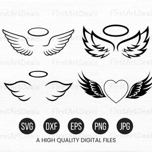 Puede incluir: Un conjunto de cuatro diseños de alas de ángel en blanco y negro. Las alas se muestran con y sin halo. Un diseño presenta un corazón en el centro de las alas.