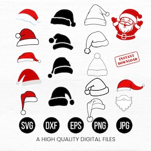 Könnte beinhalten: Eine Sammlung digitaler Grafiken zum Thema Weihnachten. Das Bild zeigt verschiedene Weihnachtsmützen in Rot und Schwarz, eine Illustration des Weihnachtsmanns und einen Bart. Dateitypen sind SVG, DX, EPS, PNG und JPG. Text: A HIGH QUALITY DIGITAL FILES.