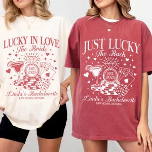 Lucky In Love Las Vegas Bachelorette Shirt, Custom location bach, bridesmaid proposal, Las vegas party
