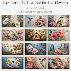 TheFrame TV Digital Artwork Set, 12-Piece Set Textured Birds & Flowers Paintings for Samsung Frame Decor, Perfect Gift for Nature Lovers