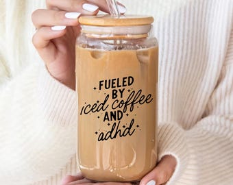 ADHD Iced Coffee Glass: 16oz Neurodivergent Gift with Bamboo Lid