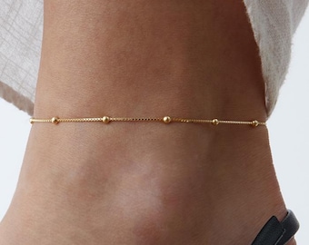 Minimal Ball Chain Anklet in 14K Solid Gold,Cube chain,Daily Gold Jewellery For Summer