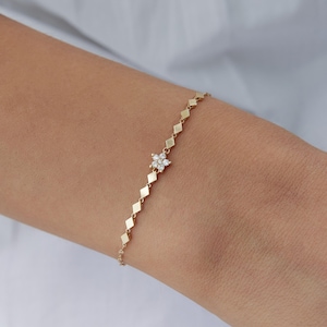 14K Solid Gold Flower Bracelet with Diamond Shape Gold Details, Handmade Minimalist Jewelry
