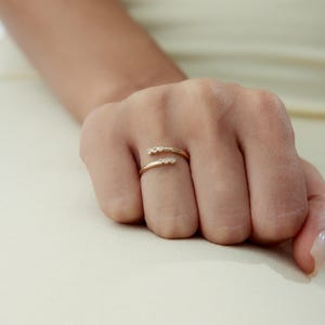 14K Solid Gold Line Ring with Double Stones at the Edge, Minimalist Jewelry, Handmade