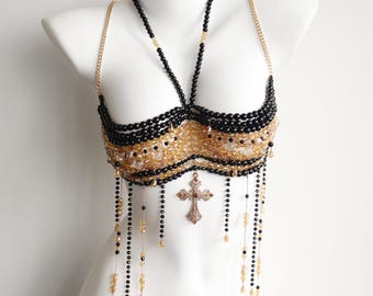Handgjord svartguldpärlad bh, bodykedja i vintagestil, burlesk festivalkläder