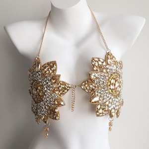 Reggiseno girasole dorato fatto a mano con strass, catena per il corpo, ideale per sirene, burlesque e rave