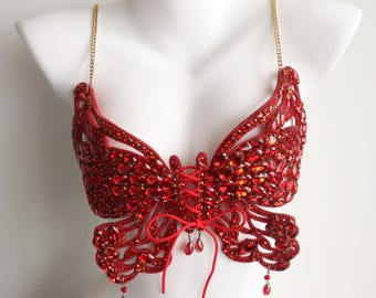 Handgjord röd fjärils-BH med strass, kroppskedja, perfekt för sirener, burlesque och rave