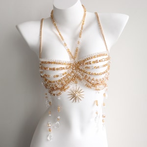 Handgemaakte bh met gouden kralen, body chain, ideaal voor sirenes, zeemeerminnen, burlesque en rave-festivals