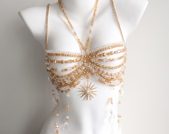 Handmade Gold Beaded Bra, Body Chain, Ideal for Sirens, Mermaids, Burlesque, and Rave Festivals