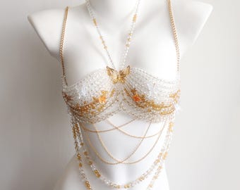 Handmade Gold Butterfly Beaded Bra Top, Body Chain, Costume for Mermaid, Burlesque & Rave Festivals