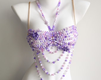 Handgemaakte bh-top met paarse bloemen en kralen, body chain, zeemeerminfestivalkostuum