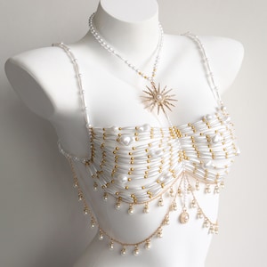 Reggiseno fatto a mano con perline, catena per il corpo, ideale per sirene, burlesque e festival rave.