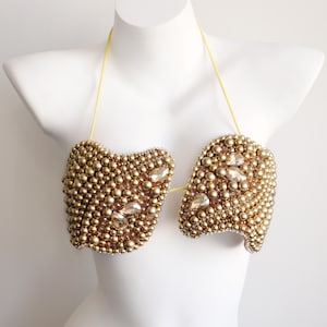 Può includere: Un top stile allacciato al collo con due coppe strutturate densamente ricoperte di perline color oro metallizzato e cristalli trasparenti a goccia. Il capo è tenuto insieme da sottili laccetti gialli che formano un'asola intorno al collo.