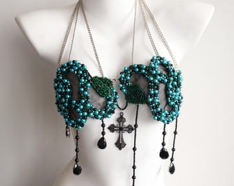 Turquoise Beaded Snake Body Chain Top, Gothic Cross Top for Rave Festival, Burlesque, Halloween