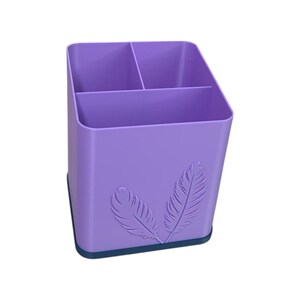 May include: A purple desk organizer with three compartments and a feather design on the front.