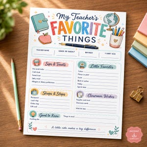 Teacher Favorite Things Questionnaire, Printable Survey (Instant Download)