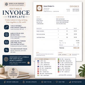 May include: An editable invoice template featuring a clean layout with sections for business details, itemized lists, and totals. The document includes a currency dropdown menu with various international symbols and flags for global financial use.