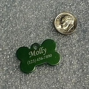 Etiqueta de identificación para mascotas grabada con láser - Pequeña - Forma de hueso - Doble cara (Fabricada en EE. UU.)