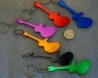 Guitar Shaped Keychain with Bottle Opener -- Anodized Aluminum -- Laser Engraved -- Personalized