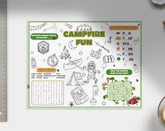 Peut inclure: Une feuille d'activités imprimable en noir et blanc sur le thème du camping. La feuille comprend une recherche de mots, un labyrinthe, un mot croisé à compléter et une activité de comptage des animaux. Le titre de la feuille est "Campfire Fun".
