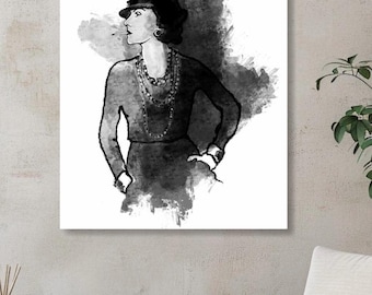 Ilustración digital de Coco Chanel: arte mural imprimible de un ícono de la moda: elegante retrato en blanco y negro