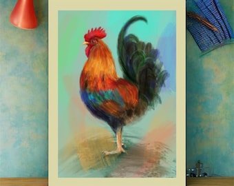Colorful Rooster Print – Rustic Farmhouse Kitchen Wall Art