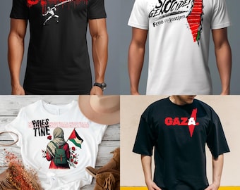 Palestina Gaza T-shirt Design Bundle (4 PNG-bilder): Stoppa folkmordet, Gratis Palestina, Keffiyeh och karta (digital nedladdning)