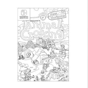 Puede incluir: Ilustración en blanco y negro del videojuego Animal Crossing: New Horizons. La imagen presenta el logotipo de Nintendo Switch, el título del juego y varios personajes en un entorno de pueblo. También se ven un reloj y un letrero que dice "New Horizons".