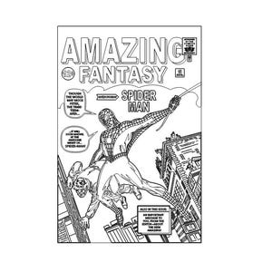 Puede incluir: Portada de cómic en blanco y negro con Spider-Man balanceándose por la ciudad. El texto de la portada dice "Amazing Fantasy" y "Spider-Man".