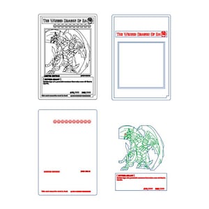 Könnte beinhalten: Eine Schwarzweiß-Zeichnung einer geflügelten Drachenkarte aus dem beliebten Sammelkartenspiel Yu-Gi-Oh! Die Karte zeigt den Text "The Winged Dragon of Ra" und den Text "[DIVINE-BEAST]" in Rot. Die Karte zeigt auch eine Reihe von Sternen in einem Kreis um die Oberseite der Karte.