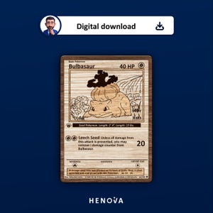 May include: A rectangular wooden trading card featuring a laser-engraved illustration of the Bulbasaur character. The card displays the text Bulbasaur, 40 HP, Seed Pokemon, Leech Seed, and various game statistics. The wood grain is visible throughout.