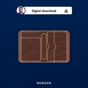 May include: A brown leather wallet template featuring a textured surface, visible light-colored stitching along the edges, and multiple internal slots for cards and cash. The design includes the text Digital download and HENOVA.