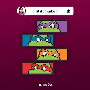 May include: A digital download graphic featuring four rectangular panels, each displaying the eyes and upper face of a green turtle character wearing a different colored mask: purple, blue, orange, and red. The text Digital download is visible.