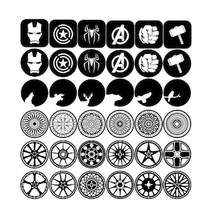 Puede incluir: Un conjunto de 48 imágenes de diseño gráfico en blanco y negro. Las imágenes incluyen varios símbolos, como una araña, una estrella, un martillo, un puño, un ciervo, un pájaro y un alce. Las imágenes están dispuestas en una cuadrícula.