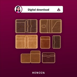 Puede incluir: Un conjunto de descarga digital de patrones para carteras de cuero con diversas texturas de cuero marrón, delineados con guías de costura claras. La colección incluye múltiples diseños de carteras, ranuras para tarjetas y bolsillos, marcados como HENOVA.