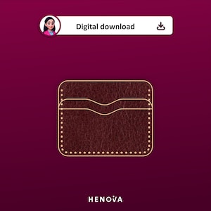 May include: A dark brown leather card holder with a textured surface, featuring light-colored stitching along the edges and a curved top pocket opening. The design includes a digital download icon and the text HENOVA at the bottom.